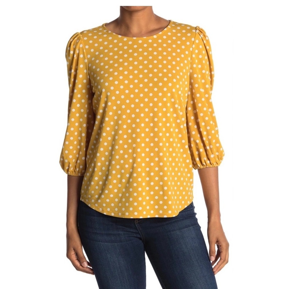 Adrianna Papell Polka Dot Blouse Womens XL Mustard Yellow‎ Puff Sleeve Career